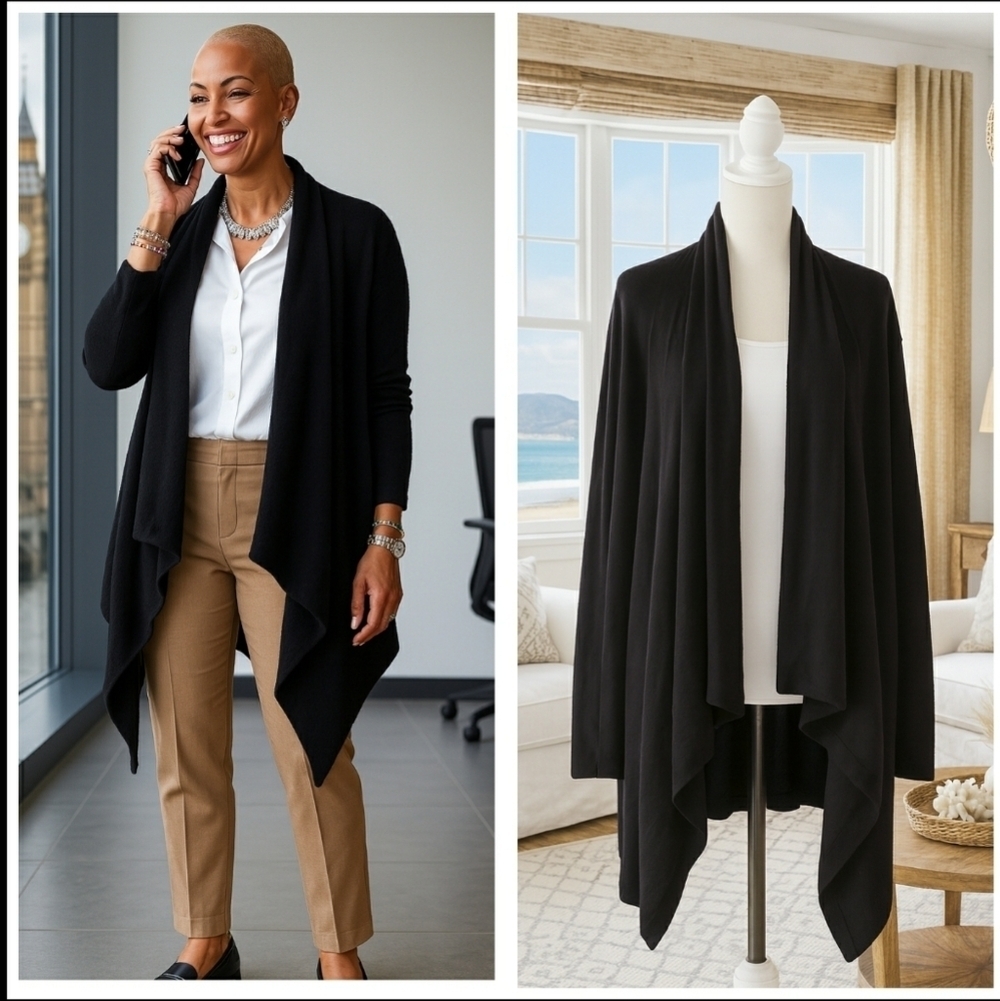 Allude Cashmere Sweater Open Cardigan Black Draped Asymmetrical Capsule Large